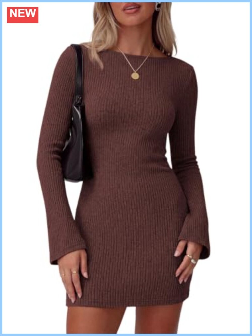 Women's Boat Neck Bell Sleeve Mini Sweater Dress Ribbed Knit Bodycon